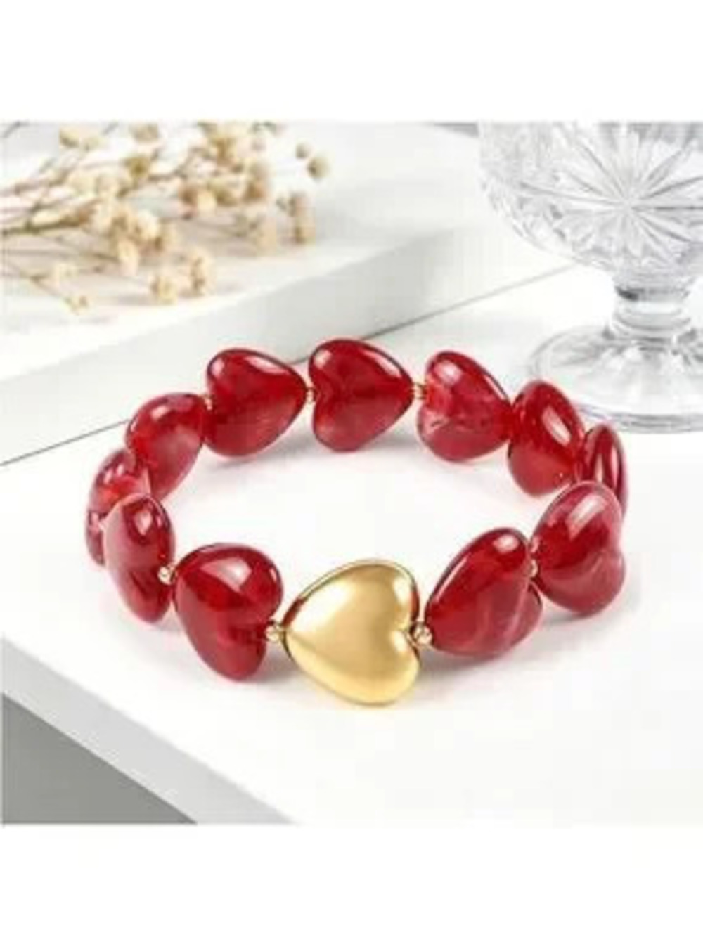 Red Heart Stretch Bracelet with Gold tone Accent